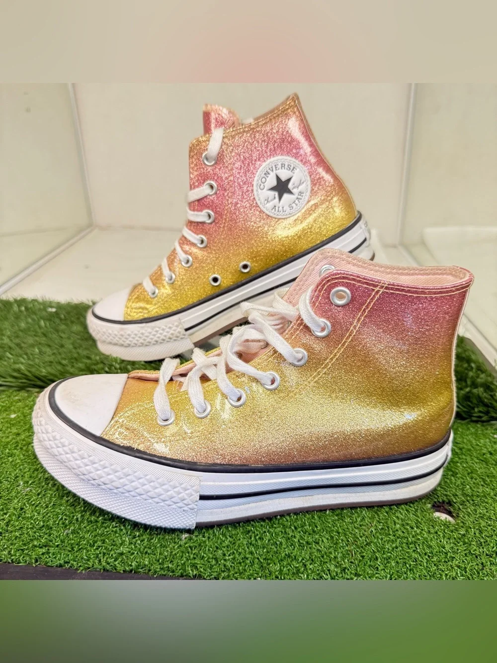 Converse Pink Glitter High Top Sneakers with Gold Heel Gradient
